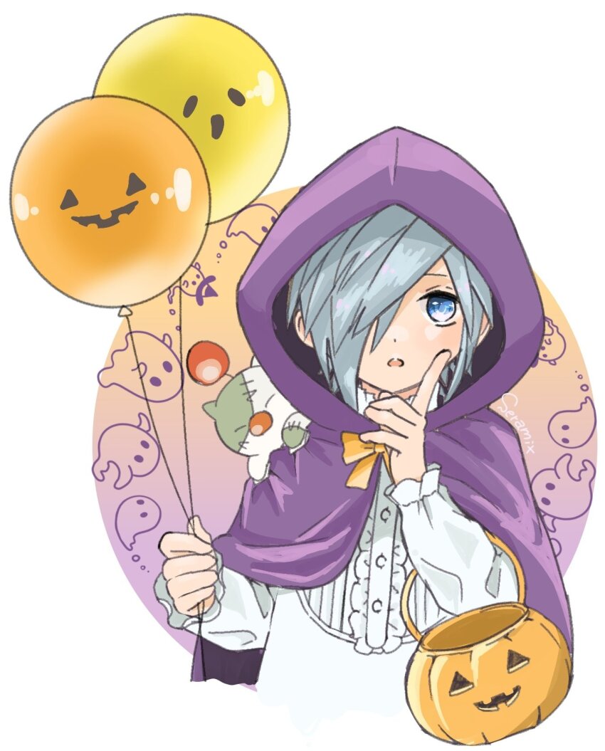 1boy :o aged_down balloon blue_eyes blue_hair cape cosplay frankenstein&#039;s_monster frankenstein&#039;s_monster_(cosplay) frilled_sleeves frills ghost halloween halloween_bucket halloween_costume highres holding holding_balloon hood jack-o&#039;-lantern kingdom_hearts moogle pumpkin purple_cape seramix_i zexion