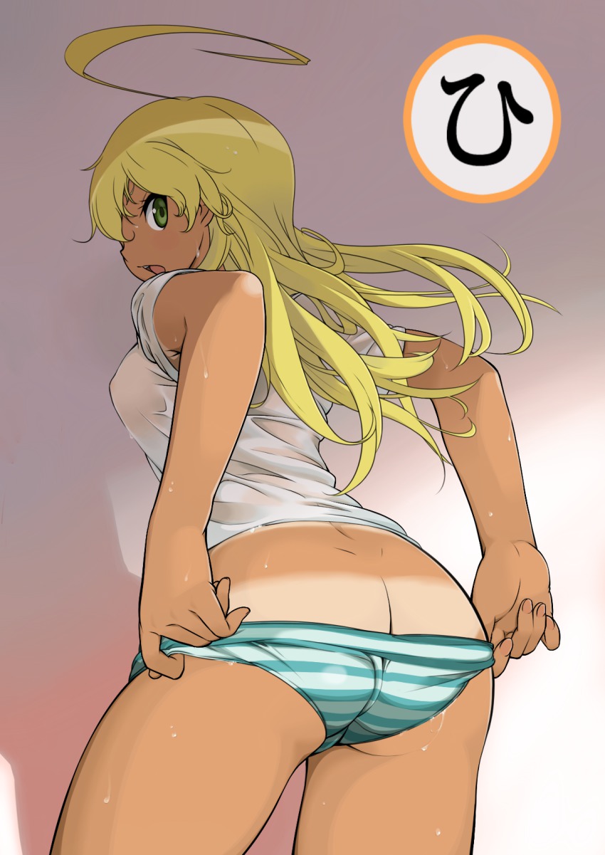 1girl ahoge ass blonde_hair butt_crack female_focus green_eyes highres hobby_(kento) long_hair looking_back original panties panty_pull solo striped_clothes striped_panties tan tanline underwear wet wet_clothes