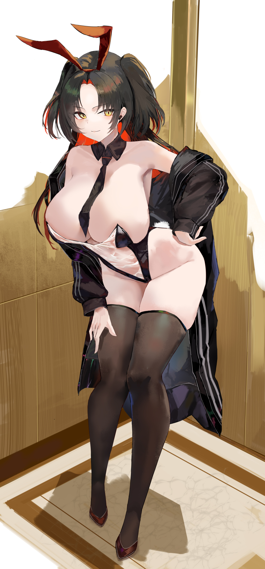 1girl absurdres animal_ears azur_lane black_coat black_hair black_thighhighs breasts cleavage coat colored_inner_hair detached_collar fake_animal_ears fake_tail full_body hand_on_own_hip highres huge_breasts jacket leaning_forward leotard long_hair long_sleeves looking_at_viewer multicolored_hair necktie open_clothes open_coat playboy_bunny rabbit_ears rabbit_tail red_hair smile solo suo_bu_ye_feng tail thighhighs thighs two-tone_hair two_side_up variant_set yellow_eyes z52_(azur_lane)