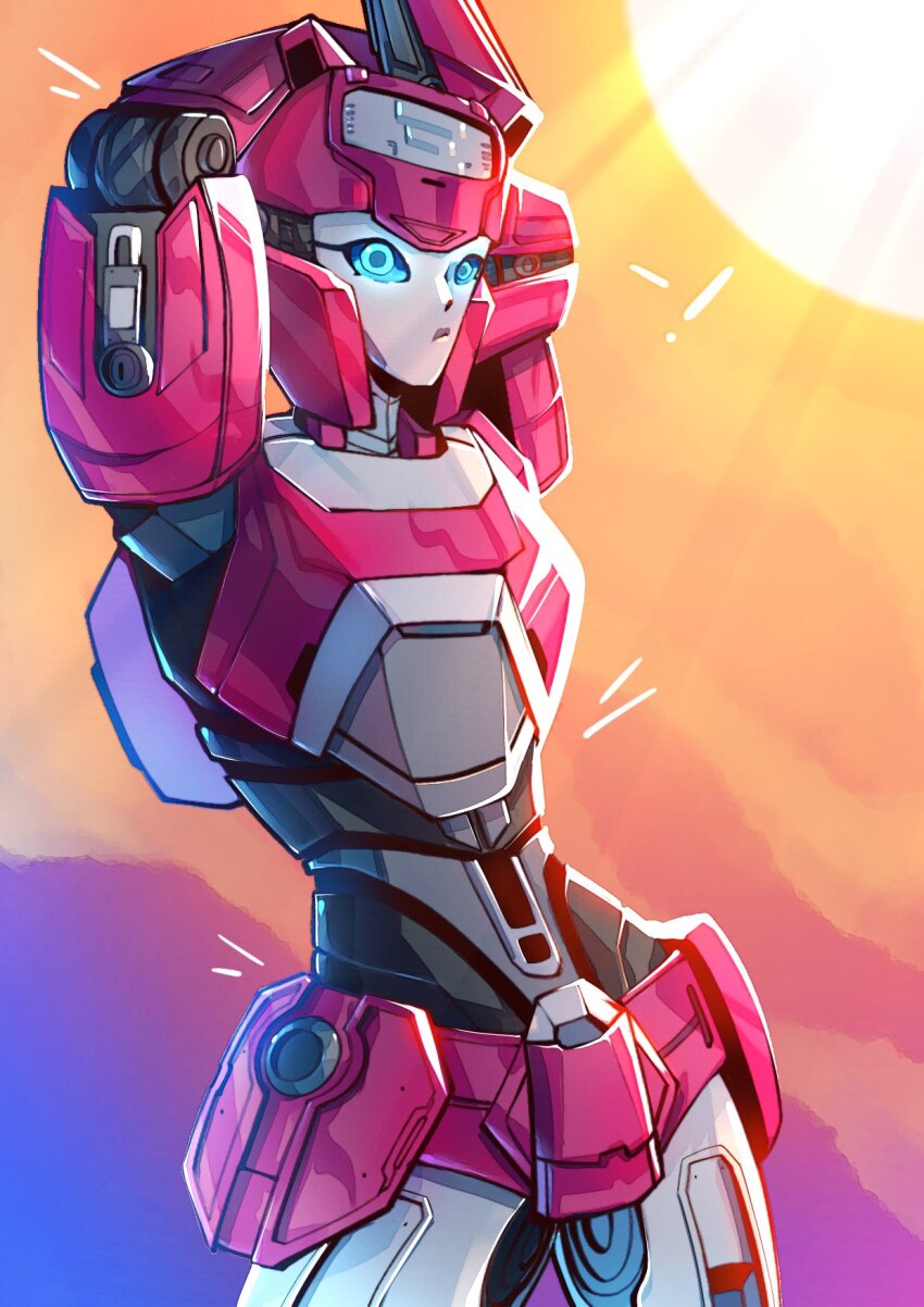 1girl alphaiswaifu armor blue_eyes elita_one elita_one_(transformers_one) flexing helmet highres humanoid_robot metal_skin pink_armor pink_helmet robot robot_girl science_fiction solo transformers transformers_one