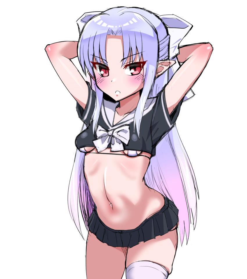 1girl arms_behind_head blush breasts gokuto-kun_(imakiyo) highres long_hair looking_at_viewer melty_blood midriff navel parted_lips pointy_ears purple_hair red_eyes school_uniform serafuku simple_background single_thighhigh small_breasts solo thighhighs tsukihime white_background white_len_(tsukihime) white_thighhighs