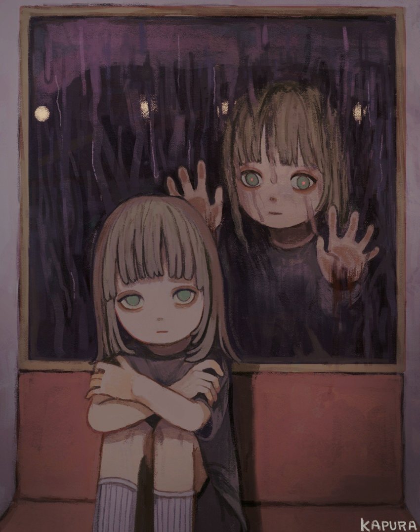 2girls artist_name brown_hair crossed_arms feet_out_of_frame green_eyes hands_up highres kapura knees_up long_hair long_sleeves looking_at_viewer multiple_girls original rain short_sleeves signature sitting socks window