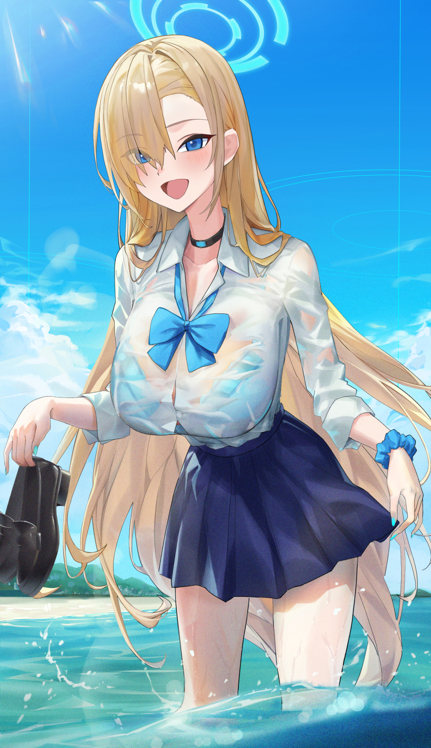 1girl absurdres aqua_bra aqua_eyes asuna_(blue_archive) black_choker blonde_hair blue_archive blue_bow blue_bowtie blue_eyes blush bow bowtie bra breasts choker halo highres holding holding_footwear holding_unworn_clothes large_breasts long_hair looking_at_viewer mole mole_on_breast nail_polish open_mouth outdoors scrunchie see-through_clothes see-through_shirt shirt smile solo takeda_yousuke underwear wading wet wet_clothes white_shirt wrist_scrunchie