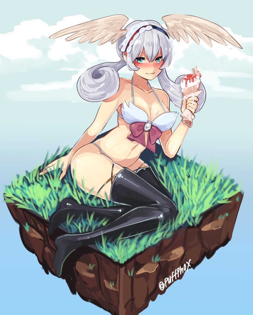 1girl absurdres bare_arms bikini block_(object) blue_eyes blush bow bow_bikini breasts cleavage cut-away food hand_on_ground head_wings highres ice_cream ice_cream_cone looking_at_viewer medium_breasts melia_antiqua navel puffphox silver_hair sitting solo suggestive_fluid swimsuit thighhighs twitter_username white_bikini wings xenoblade_chronicles:_future_connected xenoblade_chronicles_(series) xenoblade_chronicles_1 yokozuwari