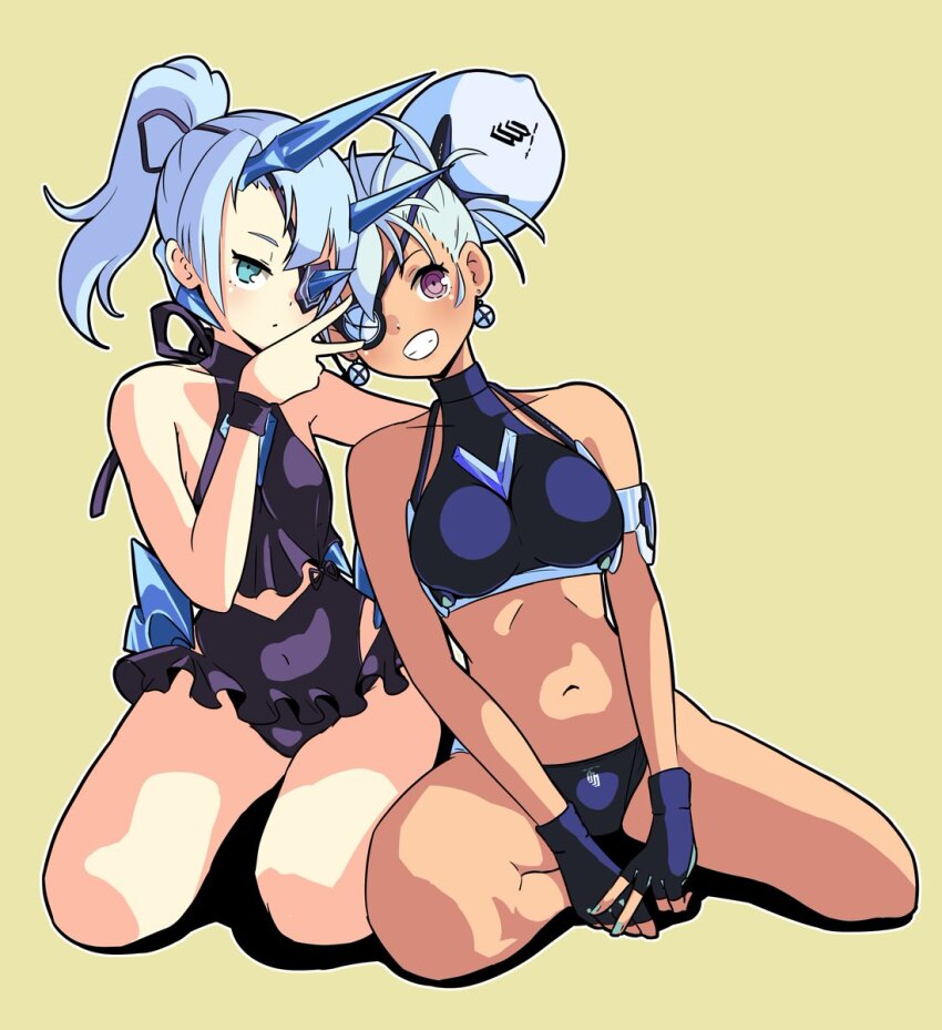 2girls aqua_eyes aqua_nails bikini blue_bikini blue_gloves blue_hair breasts cianter commentary commentary_request dark-skinned_female dark_skin english_commentary eyepatch frilled_bikini frills gloves highres horns ice_horns looking_at_viewer mixed-language_commentary multiple_girls navel ponytail praxis_(xenoblade) purple_eyes simple_background sitting smile swimsuit theory_(xenoblade) v xenoblade_chronicles_(series) xenoblade_chronicles_2 yellow_background