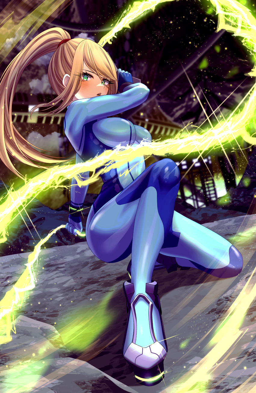 1girl absurdres blonde_hair blue_bodysuit blurry blurry_background blush bodysuit breasts energy energy_weapon energy_whip floating_hair full_body green_eyes high_ponytail highres holding holding_weapon kamaniki large_breasts light_particles long_hair looking_at_viewer metroid nintendo open_mouth plasma samus_aran solo very_long_hair weapon whip