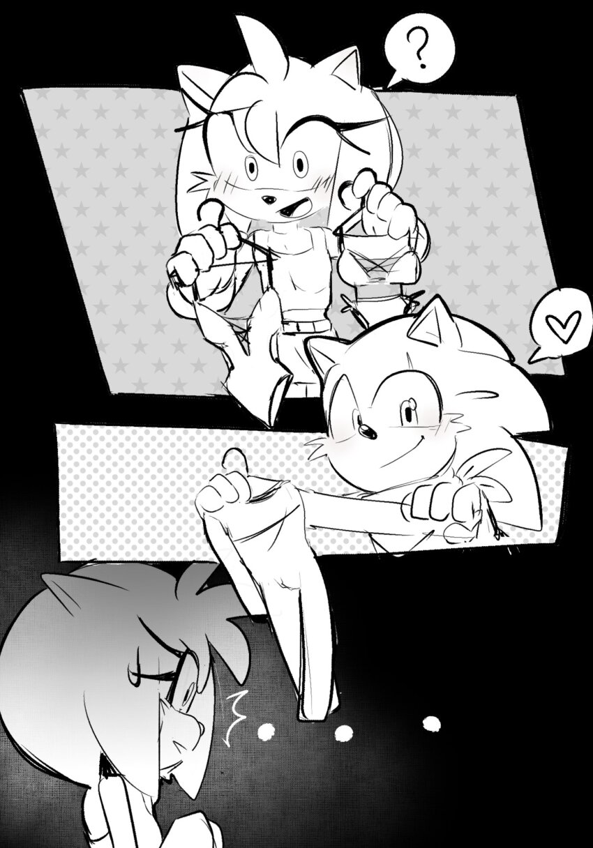 ... 1boy 1girl 3koma ? amy_rose blush chinchila010 clothes clothes_hanger comic commentary couple english_commentary furry furry_female furry_male greyscale heart hetero highres holding holding_clothes_hanger monochrome open_mouth revealing_clothes sketch sonic_(series) sonic_the_hedgehog spoken_heart spoken_question_mark sweat