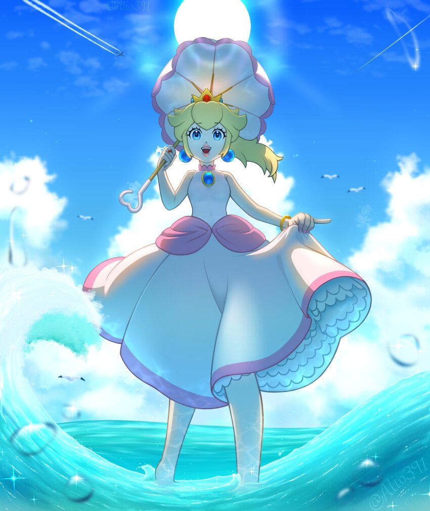 1girl alio391 bare_shoulders bird blonde_hair blue_eyes blue_sky bracelet breasts cloud crown day dress earrings highres holding holding_umbrella jewelry long_hair looking_at_viewer mario_(series) nintendo ocean open_mouth outdoors parasol pinky_out ponytail princess_peach princess_peach_(sunshine) skirt_hold sky sleeveless smile solo splashing standing sun super_mario_sunshine umbrella wading water white_dress