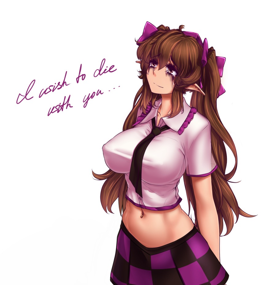 1girl arms_behind_back black_necktie breasts brown_hair checkered_clothes checkered_skirt covered_erect_nipples crying crying_with_eyes_open ear_piercing english_text female_focus hair_ribbon hata-tan_(rui_(hershe)) hater_(hatater) highres himekaidou_hatate large_breasts long_hair makeup midriff navel navel_piercing necktie piercing pointy_ears ribbon runny_makeup short_sleeves simple_background skirt solo tears touhou white_background wing_collar