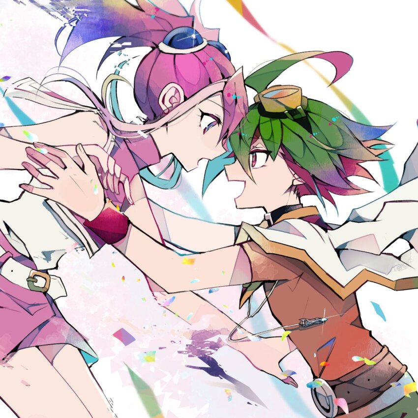 1boy 1girl ahoge bare_shoulders belt couple from_side goggles goggles_on_head green_hair hetero highres hiiragi_yuzu jacket jacket_on_shoulders jewelry looking_at_another medium_hair miniskirt multicolored_hair open_mouth orange_shirt pendant pink_eyes pink_hair pink_skirt profile red_eyes red_hair sakaki_yuya shirt skirt sleeveless sleeveless_shirt smile teketeke_(tasutekete) two-tone_hair white_jacket white_shirt yu-gi-oh! yu-gi-oh!_arc-v