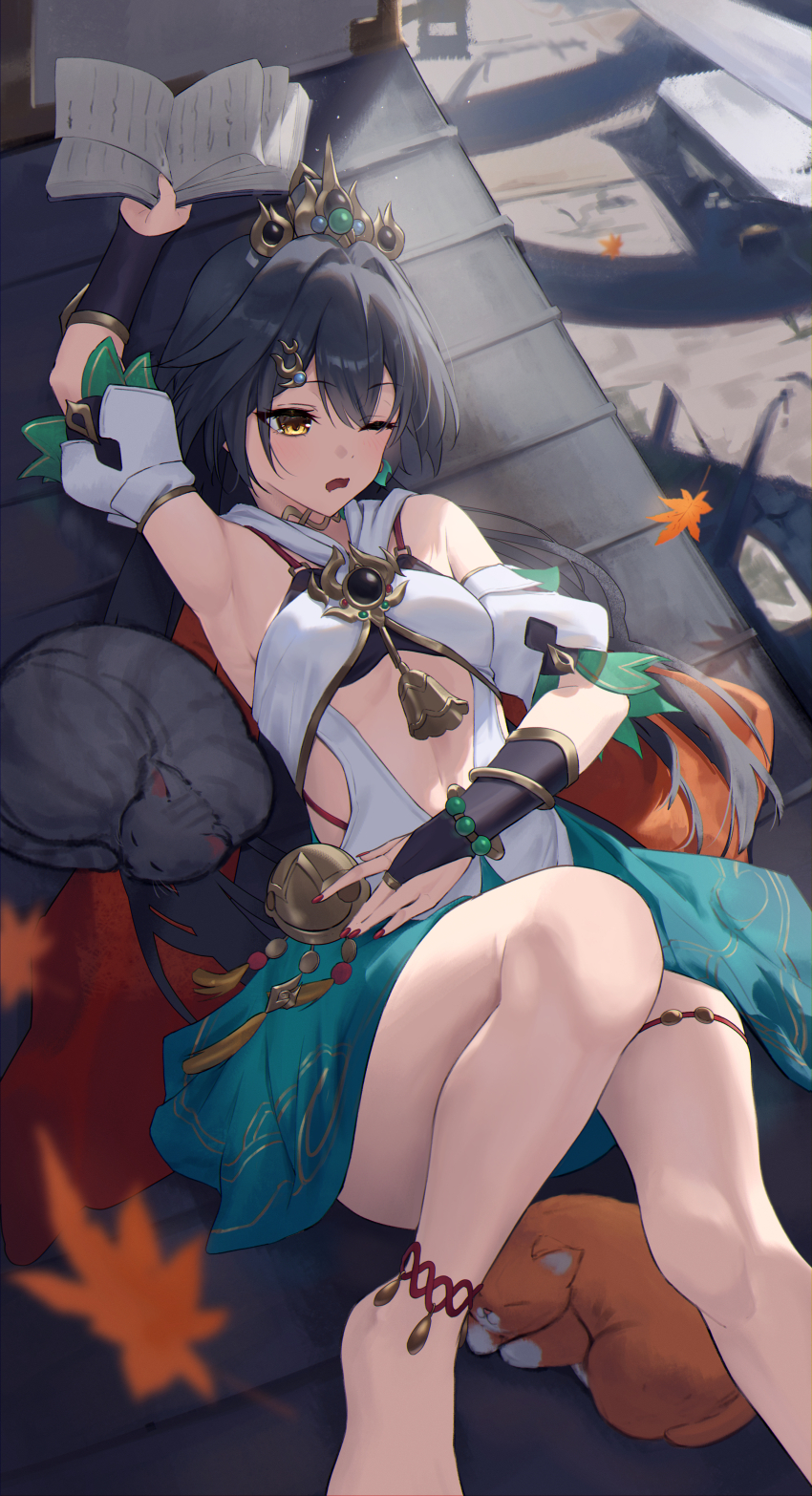 1girl absurdres armpits barefoot black_cat black_gloves blue_hair breasts bridal_gauntlets cat commentary_request detached_sleeves gloves highres honkai:_star_rail honkai_(series) linea_alba long_hair lying midriff nail_polish on_back one_eye_closed open_mouth orange_cat puffy_short_sleeves puffy_sleeves red_nails sasa_(sasa_ekakiman) short_sleeves small_breasts solo yellow_eyes yunli_(honkai:_star_rail)