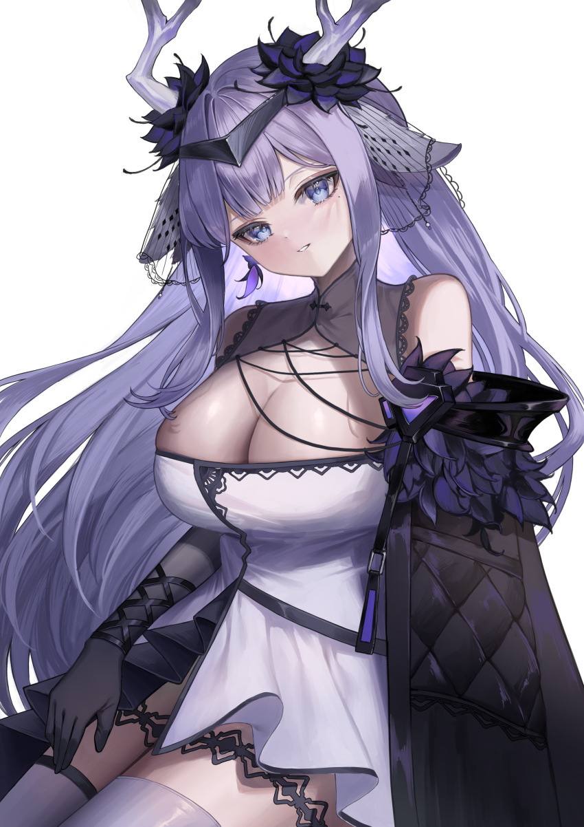 1girl absurdres animal_ears antlers black_flower black_gloves blue_eyes breasts cleavage deer_antlers deer_girl dress echocalypse elbow_gloves eyelashes flower gloves hair_flower hair_ornament highres horns large_breasts long_hair mole mole_under_eye off_shoulder purple_hair solo teacup_(teacup1031) thighhighs white_dress white_thighhighs zawa_(echocalypse)