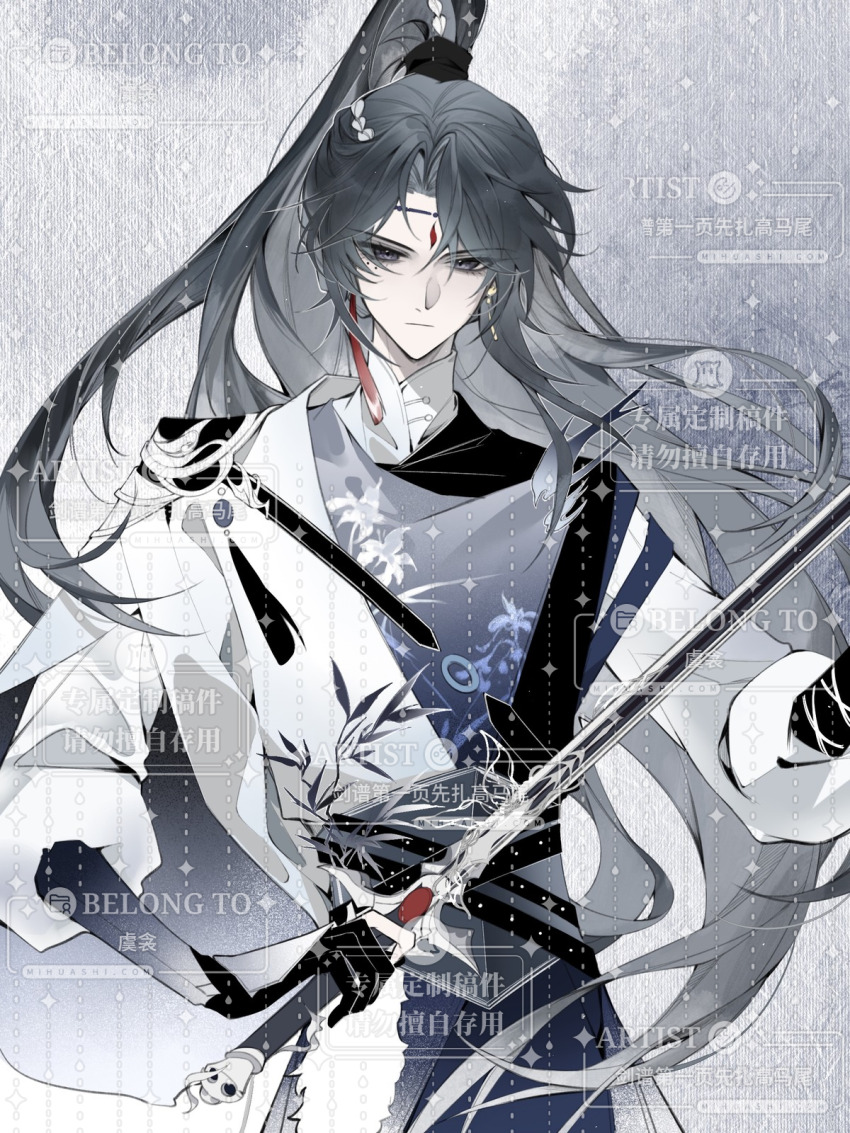 1boy black_gloves black_hair black_sleeves cape commission corset cowboy_shot curtained_hair earrings facial_mark floating_hair floral_print gem gloves grey_corset grey_shirt hair_tie highres holding holding_sword holding_weapon jewelry jianpu_di-yi_ye_xian_za_gaomawei limited_palette looking_at_viewer male_focus mandarin_collar mole mole_under_eye multiple_moles original parted_bangs patterned_background purple_eyes red_gemstone shirt side_cape solo straight-on sword two-tone_background watermark weapon white_sleeves