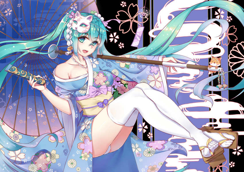 1girl absurdly_long_hair absurdres animal aqua_eyes aqua_hair bell collarbone crossed_legs female_focus geta hair_between_eyes hatsune_miku highres japanese_clothes jewelry jingle_bell kimono long_hair looking_at_viewer mask mask_on_head necklace oil-paper_umbrella open_mouth panties pantyshot sitting solo thighhighs twintails umbrella underwear very_long_hair vocaloid white_panties white_thighhighs wind_chime yiyu_qing_mang