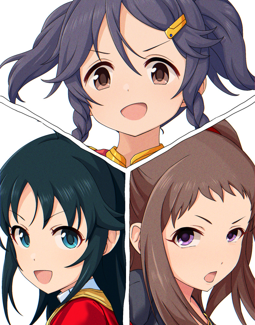 3girls ahoge annoyed aqua_eyes black_hair braid brown_eyes brown_hair child coat eyelashes facing_viewer female_focus forehead green_hair hair_between_eyes hair_ornament hairclip happy highres huge_filesize idol idolmaster idolmaster_cinderella_girls kakki_(kackie) koseki_reina long_hair looking_at_viewer looking_down miyoshi_sana multiple_girls namco nanjo_hikaru neck official_alternate_costume open_mouth parted_bangs purple_eyes tokusatsu short_bangs side_braids sidelocks simple_background smile spiked_hair standing turning_head twintails upper_body v-shaped_eyebrows white_background