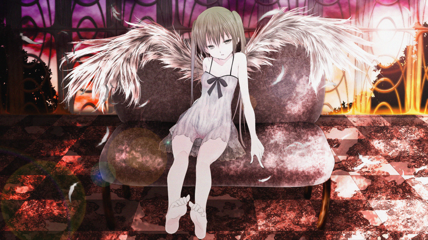 1girl bare_legs bare_shoulders barefoot brown_eyes brown_hair chemise couch feathers feet female_focus hatsune_miku highres long_hair md5_mismatch nightgown shichouson solo toes transparent twintails vocaloid wings