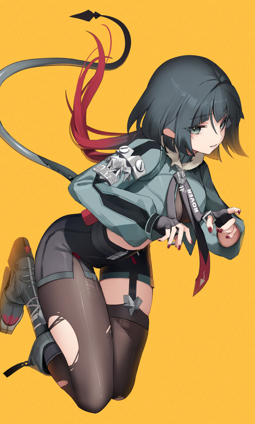 1girl animal_ears black_gloves black_pantyhose black_shorts black_thighhighs blunt_bangs commentary fingerless_gloves fingernails full_body fur-trimmed_jacket fur_trim gloves green_eyes green_hair green_jacket high-waist_shorts highres jacket jane_doe_(zenless_zone_zero) light_smile long_hair looking_at_viewer mouse_ears mouse_girl mouse_tail multicolored_hair nail_polish pantyhose red_hair red_nails shorts sidelocks simple_background single_thighhigh smile solo tail thighhighs thomas_8000 torn_clothes torn_pantyhose two-tone_hair yellow_background zenless_zone_zero