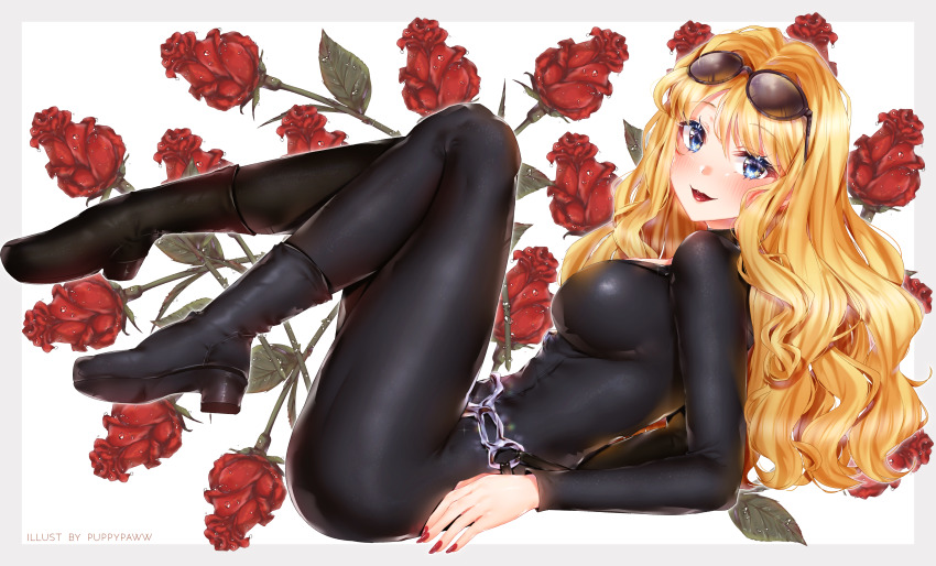 1girl absurdres blonde_hair blue_eyes boots breasts catsuit cleavage cowboy_bebop curly_hair flower highres julia_(cowboy_bebop) lipstick makeup nail_polish petals red_nails rose sunglasses sunglasses_on_head