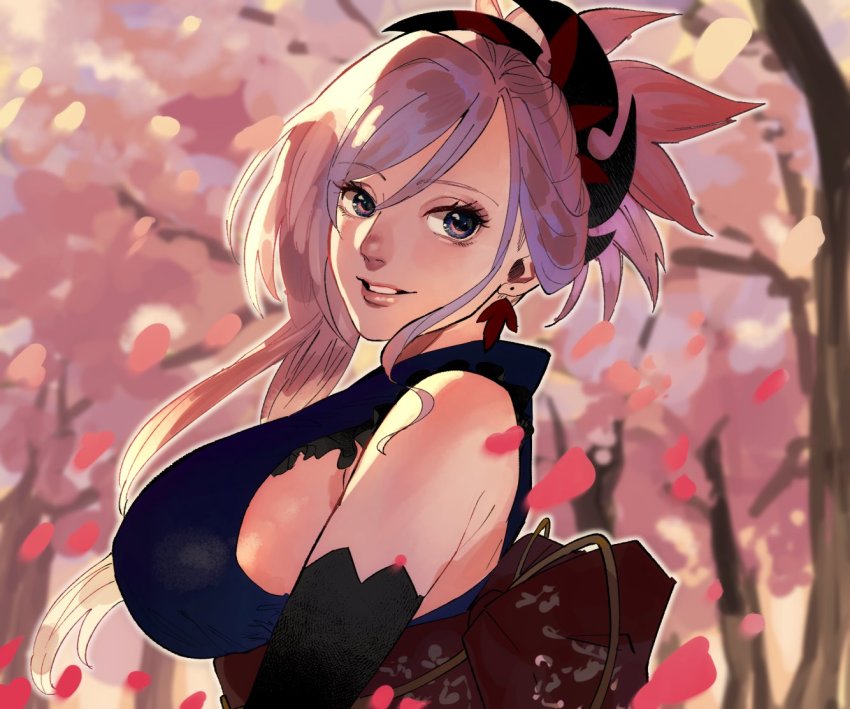 1girl asymmetrical_hair bare_shoulders blue_eyes breasts cherry_blossoms detached_sleeves earrings falling_petals fate/grand_order fate_(series) hair_bun hair_ornament japanese_clothes jewelry jojo_sono kimono large_breasts long_hair looking_to_the_side miyamoto_musashi_(fate) miyamoto_musashi_(first_ascension)_(fate) obi petals pink_hair ponytail sash side_bun sideboob single_side_bun single_sidelock sleeveless sleeveless_kimono smile swept_bangs tree