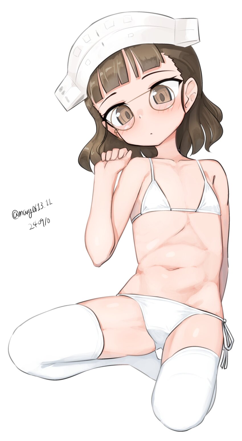 1girl absurdres aged_down bikini brown_eyes dated flat_chest glasses headpiece highres kantai_collection kneeling maru_(marg0613) one-hour_drawing_challenge pince-nez roma_(kancolle) short_hair side-tie_bikini_bottom simple_background solo swimsuit thighhighs twitter_username white_background white_bikini white_thighhighs