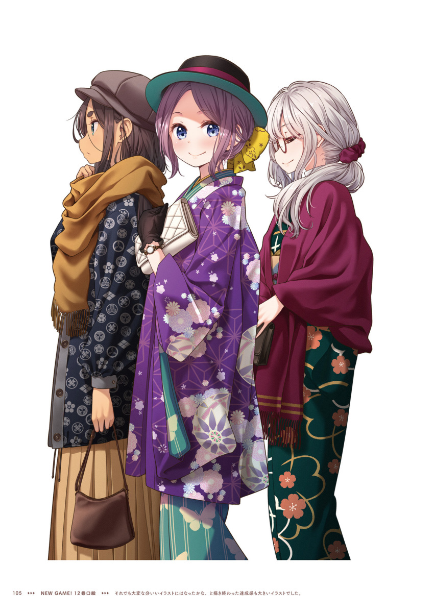 3girls ahagon_umiko bag black_gloves blue_eyes blue_kimono brown_hair brown_hakama brown_headwear brown_scarf closed_eyes closed_mouth copyright_name from_side glasses gloves green_kimono hair_ornament hair_over_shoulder hair_scrunchie hakama handbag hat hazuki_shizuku highres holding holding_bag japanese_clothes kimono long_hair long_sleeves looking_at_viewer medium_hair multiple_girls new_game! parted_bangs ponytail purple_hair red_scrunchie sash scarf scrunchie silver_hair smile tokunou_shoutarou tooyama_rin very_long_hair walking watch wide_sleeves wristwatch