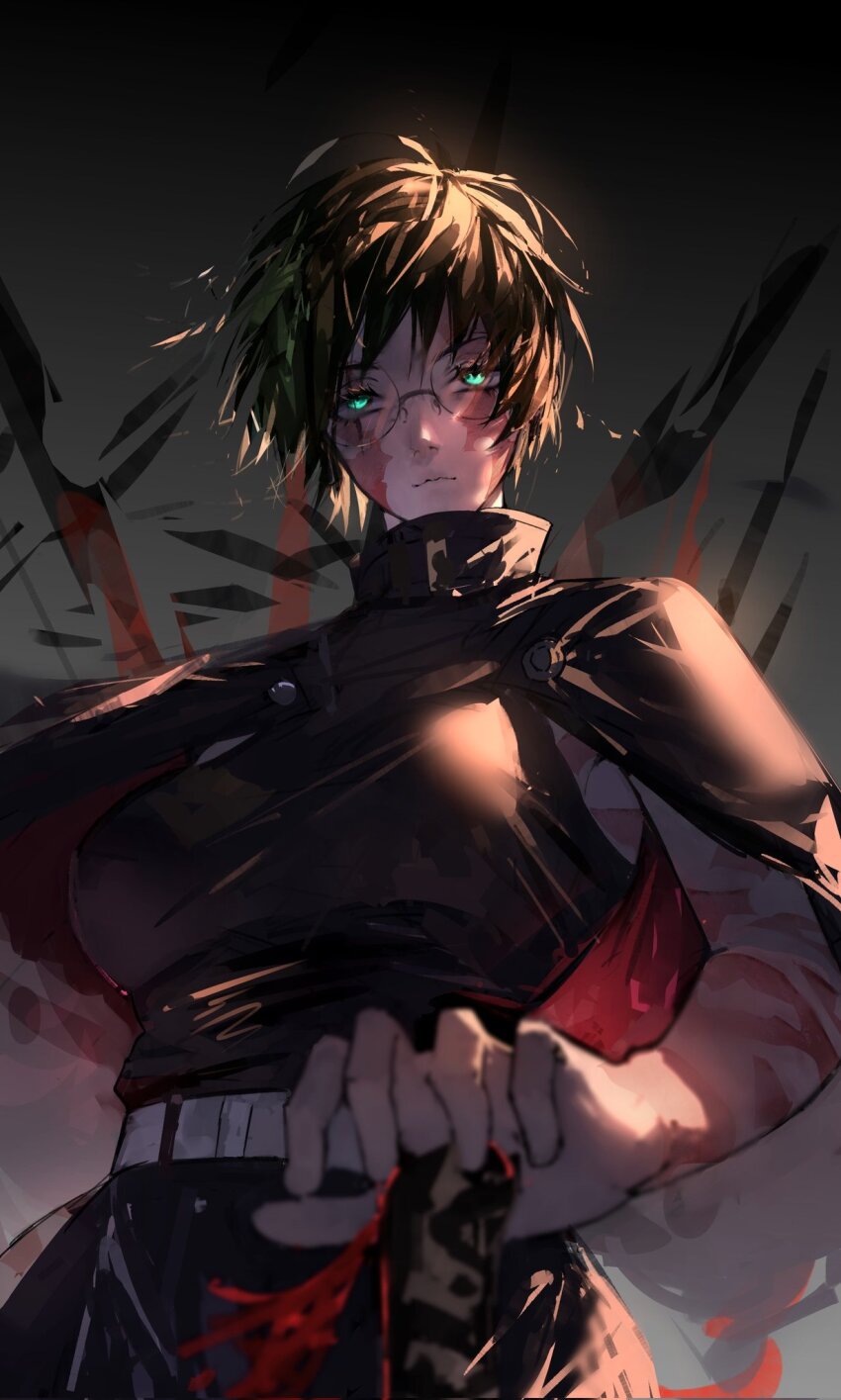 1girl belt black_hair blurry closed_mouth depth_of_field facial_scar glasses green_eyes highres holding holding_sword holding_weapon jujutsu_kaisen lewdlily66 looking_at_viewer looking_down scar scar_across_eye scar_on_arm scar_on_cheek scar_on_face short_hair solo sword weapon zen&#039;in_maki