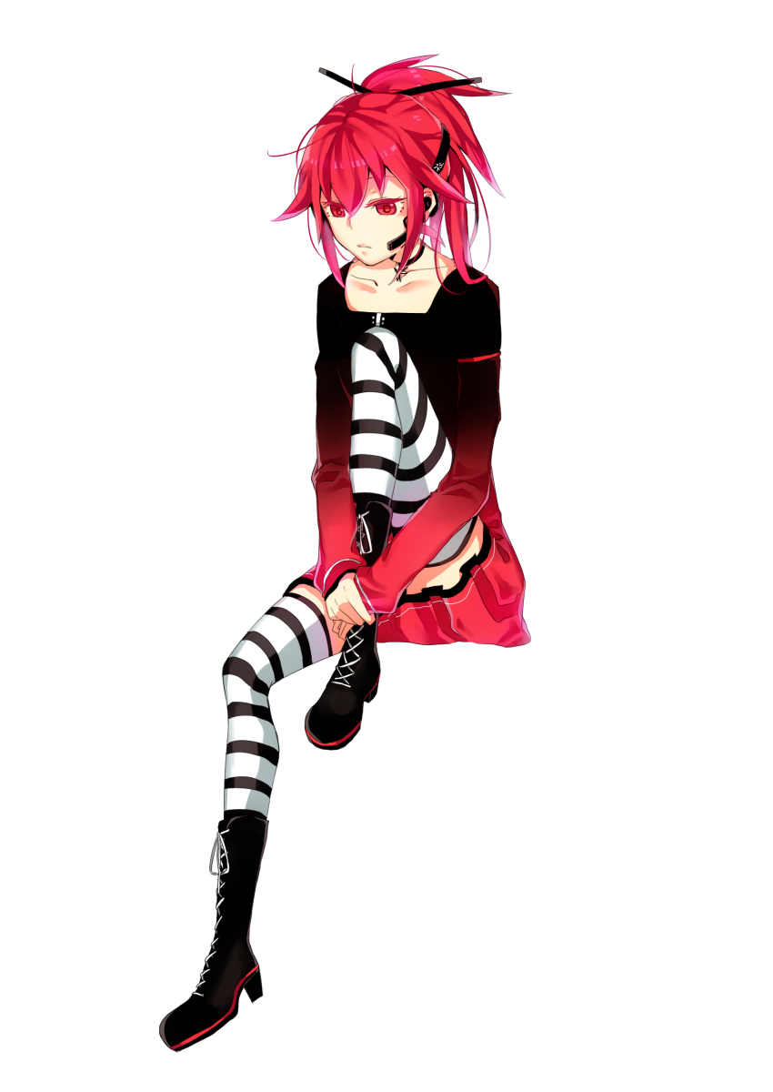 1girl absurdres boots cosplay cul dress female_focus full_body gradient_clothes gradient_dress headphones highres long_hair ponytail red_eyes red_hair simple_background sitting solo striped_clothes striped_thighhighs thighhighs vient vocaloid vy1 vy1_(cosplay)