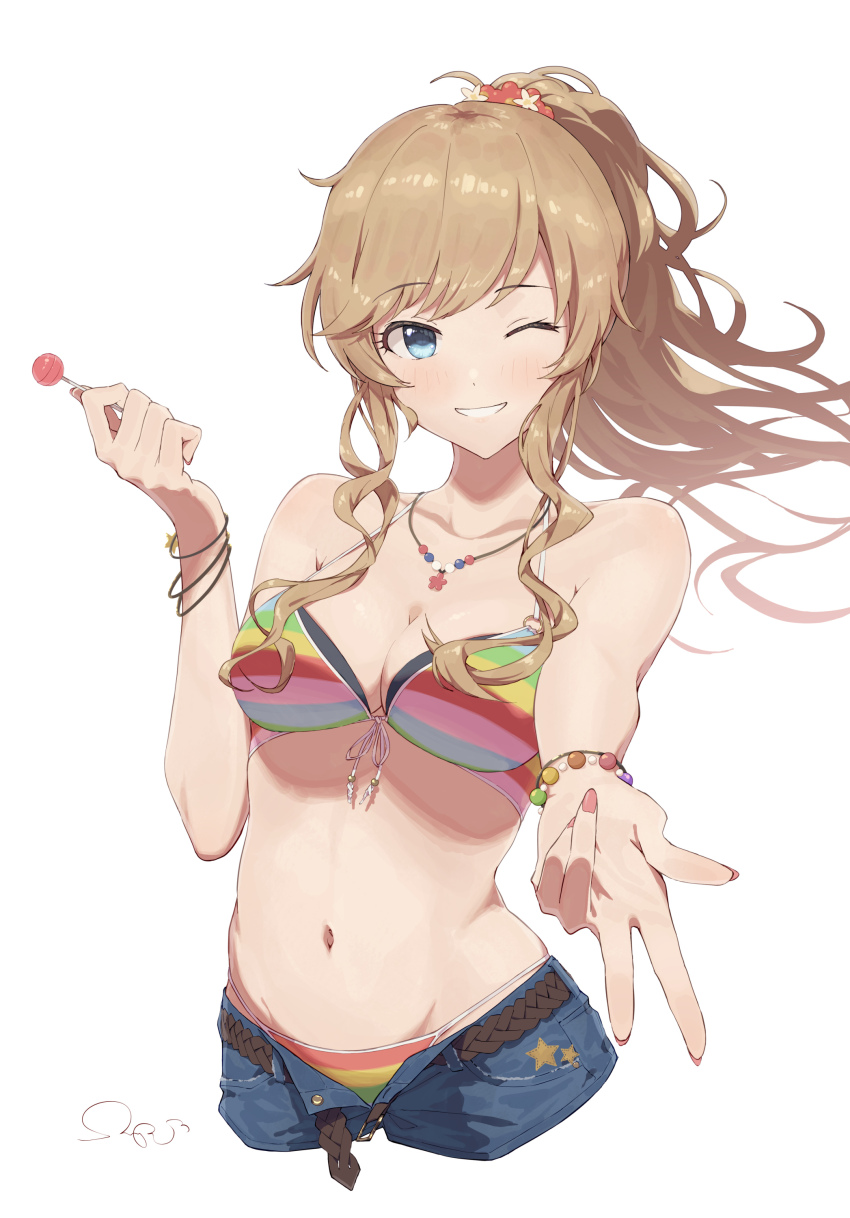 1girl ;d absurdres bikini bikini_under_shorts blonde_hair blue_eyes blush breasts candy cleavage cropped_legs denim denim_shorts fingernails floating_hair food grin halterneck highres holding holding_candy holding_food holding_lollipop idolmaster idolmaster_cinderella_girls lollipop looking_at_viewer medium_breasts multicolored_bikini multicolored_clothes nail_polish navel official_alternate_costume ohtsuki_yui one_eye_closed open_mouth ponytail sanpo_(sanpo_1027) shorts signature simple_background smile solo stomach striped_bikini striped_clothes swimsuit w white_background