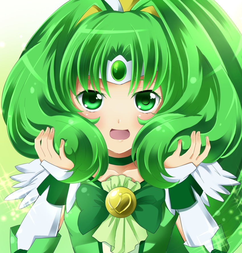 10s 1girl :d absurdres bad_id bad_pixiv_id bow bowtie brooch choker circlet cure_march female_focus green_bow green_bowtie green_eyes green_hair green_theme highres jewelry long_hair magical_girl matching_hair/eyes midorikawa_nao open_mouth precure ruffling_hair sharumon smile smile_precure! solo tri_tails wrist_cuffs