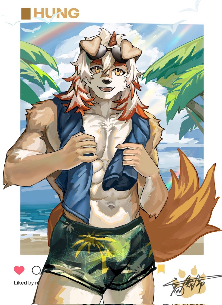 1boy abs arknights bara beach blue_sky bulge character_name cloud colored_tips commentary english_commentary eyewear_on_head furry furry_male green_male_swimwear highres hiim38d horns hung_(arknights) komainu_boy komainu_ears komainu_tail looking_at_viewer male_focus male_swimwear multicolored_hair muscular muscular_male navel ocean open_mouth orange_eyes palm_tree paw_print pectorals sand shore signature single_horn sky smile sunglasses topless_male towel towel_around_neck tree