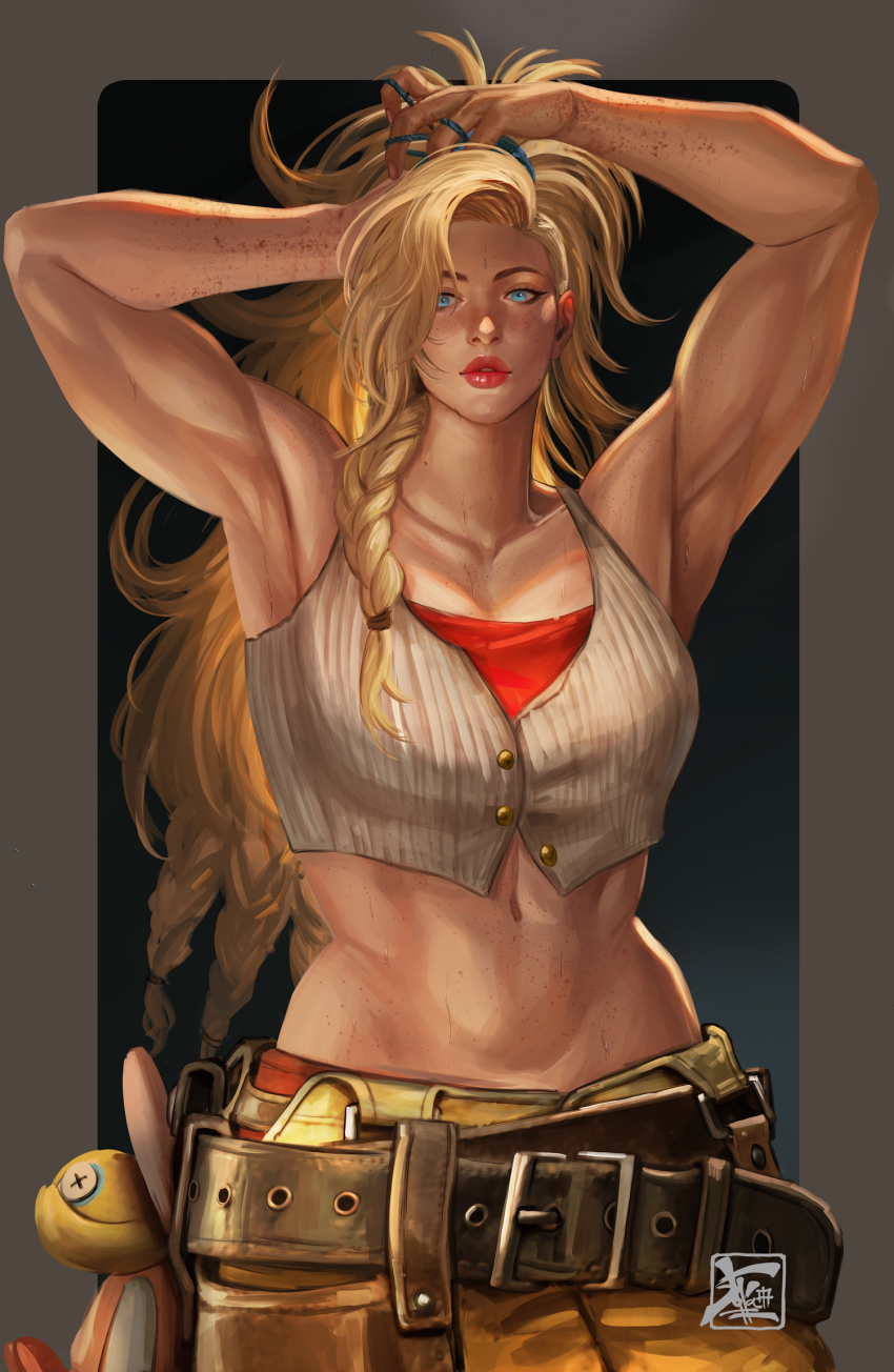 1girl armpits arms_up belt belt_buckle blonde_hair blue_eyes braid buckle commentary crop_top gemma_(monster_hunter_wilds) hair_ornament hair_scrunchie highres lips long_hair midriff monster_hunter_(series) monster_hunter_wilds muscular muscular_female navel pants ponytail scrunchie side_braid soffa solo stuffed_toy symbol-only_commentary vest