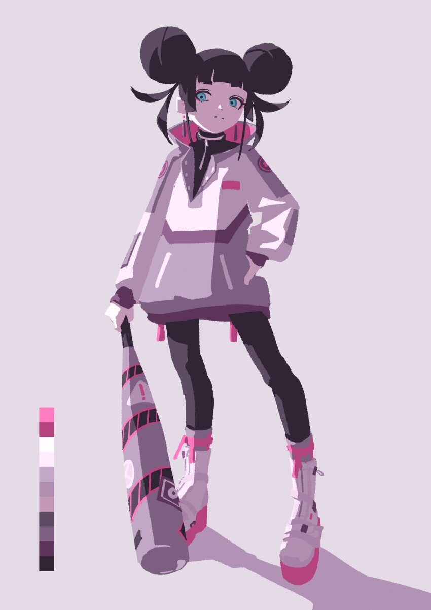 1girl baseball_bat black_hair black_pantyhose black_shirt blue_eyes blunt_bangs boots closed_mouth double_bun earrings gaako_illust hair_bun highres holding holding_baseball_bat hood hoodie jewelry long_sleeves looking_at_viewer original pantyhose pink_background pink_hoodie pink_theme platform_boots platform_footwear serious shadow shirt sidelocks simple_background solo split_mouth zipper