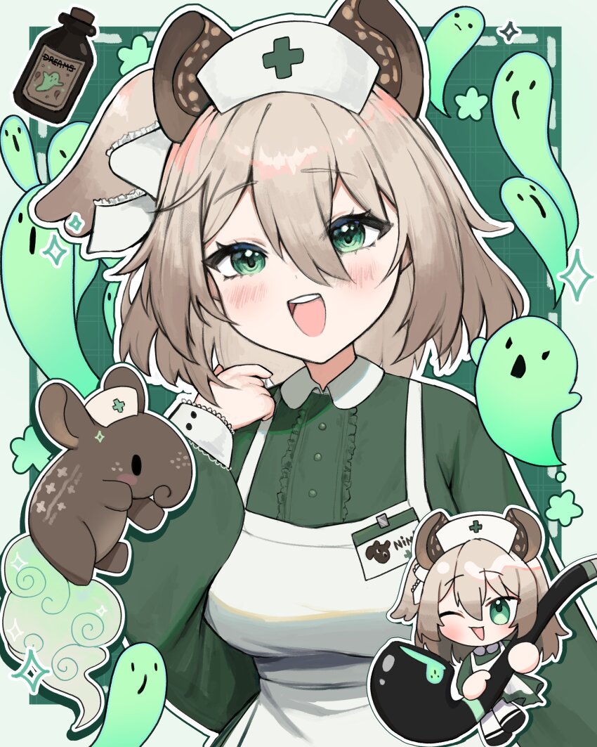 1girl absurdres animal animal_ears apron blush_stickers breasts chibi daemo72 dress green_dress green_eyes hat highres indie_virtual_youtuber long_sleeves medium_hair nimi_nightmare nimi_nightmare_(tapir) nurse_cap one_side_up open_mouth smile solo tapir tapir_girl teeth upper_teeth_only virtual_youtuber white_hat