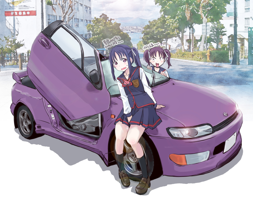 2girls black_socks blush brown_footwear butterfly_doors car collarbone commentary_request highres kazuno_leah kazuno_sarah loafers long_hair long_sleeves love_live! love_live!_sunshine!! maruyo medium_hair motor_vehicle multiple_girls name_connection on_car open_mouth ponytail purple_eyes purple_hair purple_skirt saint_snow school_uniform seisen_school_uniform shoes siblings sidelocks sisters sitting_on_car skirt socks sweat toyota toyota_sera translation_request twintails upper_body v-shaped_eyebrows