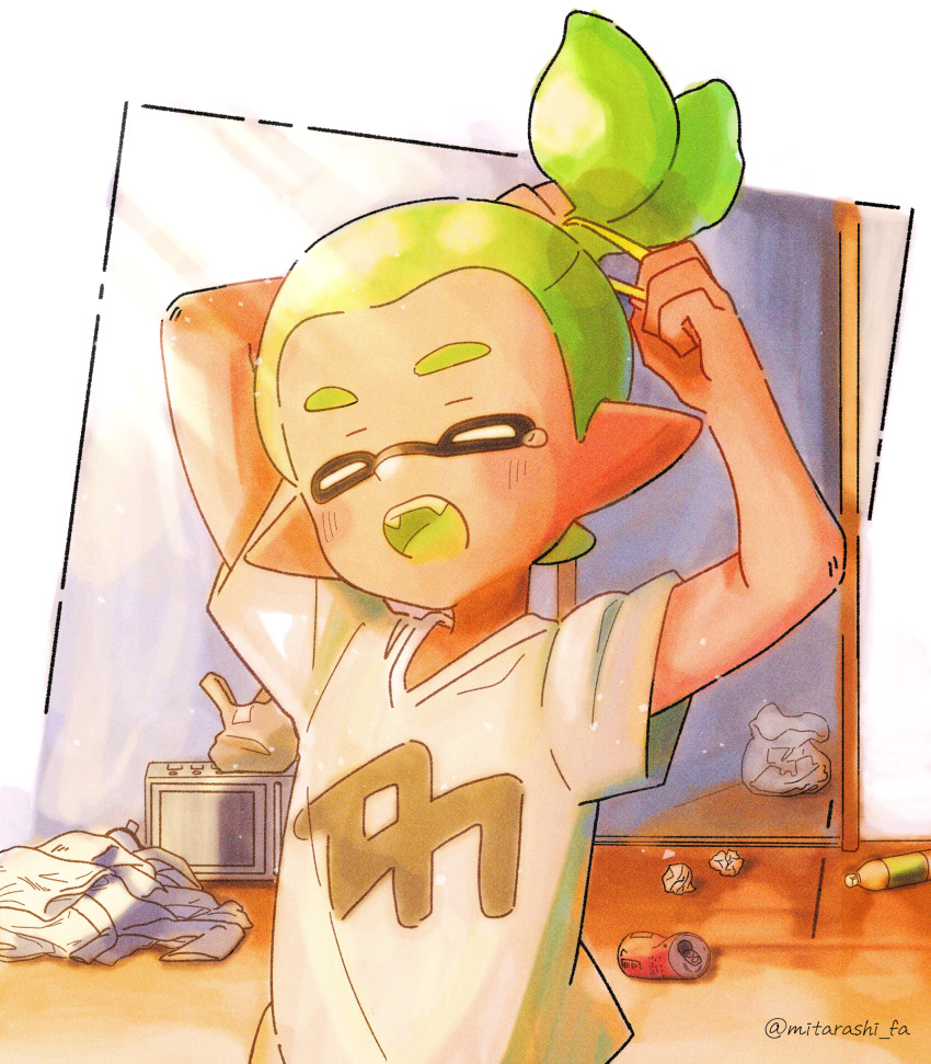 1boy arms_up artist_name can closed_eyes commentary_request drink_can hair_tie high_ponytail highres holding holding_hair_tie inkling inkling_boy inkling_player_character male_focus mitarashi_fa nintendo open_mouth print_shirt shirt short_hair short_ponytail soda_can solo splatoon_(series) splatoon_3 tearing_up teeth tentacle_hair twitter_username upper_teeth_only white_shirt yawning