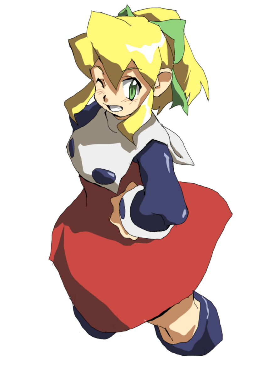 1girl blonde_hair bow bowtie commentary_request cropped_legs dress green_eyes green_ribbon grin hair_ribbon hands_on_own_hips happy highres long_hair mega_man_(classic) mega_man_(series) one_eye_closed ponytail red_dress ribbon roll_(mega_man) shino_(2919) smile solo white_background