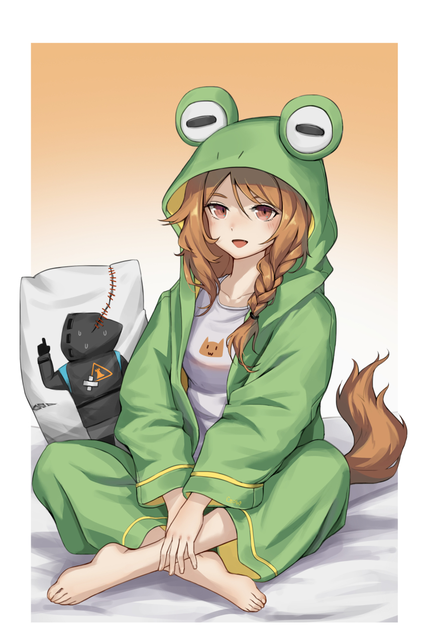 1girl absurdres alternate_costume animal_hood arknights barefoot braid brown_eyes brown_hair ceobe_(arknights) dakimakura_(object) doctor_(arknights) dog_tail frog_hood gradient_background green_jacket highres hood indian_style jacket long_hair long_sleeves lunn orange_background pillow shirt single_braid sitting solo t-shirt tail white_shirt