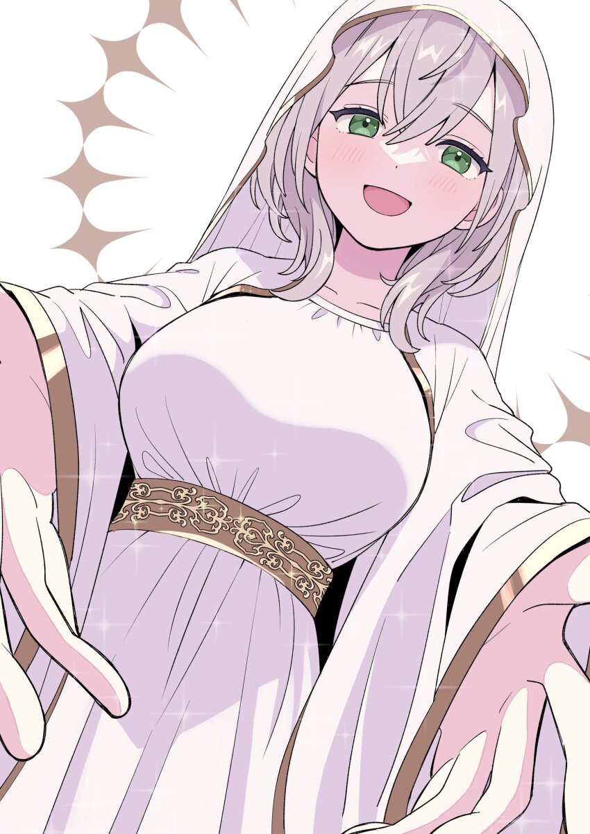 1girl breasts collarbone dress dutch_angle green_eyes grey_hair hair_between_eyes highres hololive large_breasts long_sleeves looking_at_viewer medium_hair open_mouth reaching reaching_towards_viewer shirogane_noel soh_himitsuki solo upper_body veil virtual_youtuber white_dress white_veil wide_sleeves