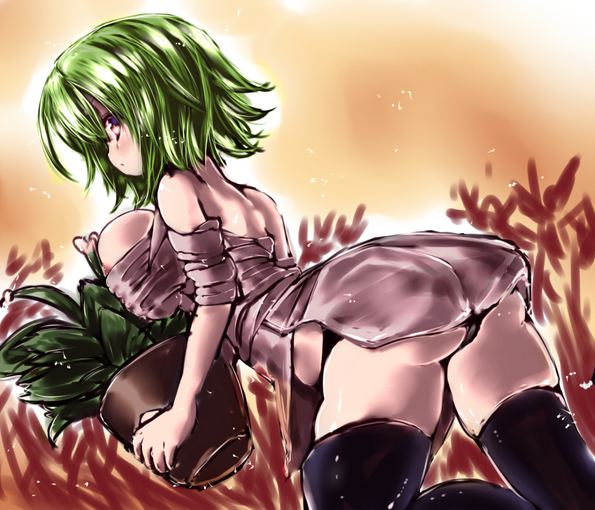 1girl ass black_panties black_thighhighs breast_press breasts female_focus flower_pot from_side green_hair kazami_yuuka large_breasts moura_(kenyuugetu) nipple_slip nipples panties pantyshot red_eyes solo thighhighs touhou underwear