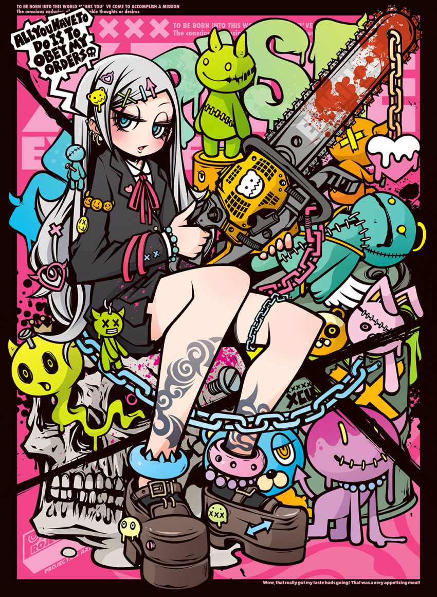 1girl alternate_weapon belt_chain blue_eyes bracelet chain chainsaw decora english_text engrish_text grey_hair highres jewelry lock original padlock profanity project.c.k. punk ranguage skull smug streetwear stuffed_animal stuffed_toy tattoo thumb_ring weapon