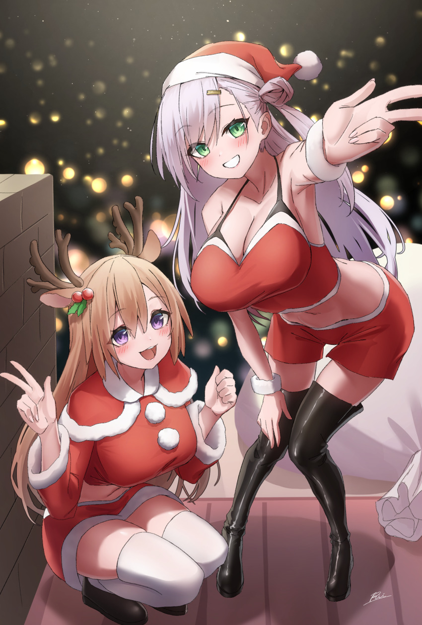 2girls boots breasts character_request christmas cleavage crop_top fake_antlers full_body fullbokko_heroes green_eyes grey_hair highres huge_breasts knee_boots midriff mogurii multiple_girls navel night santa_claus_(fullbokko_heroes) santa_costume swept_bangs thighhighs v zettai_ryouiki