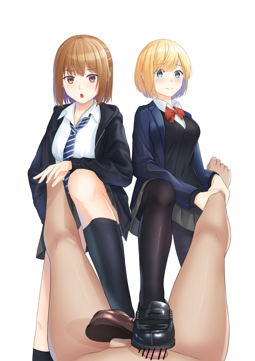 1boy 2girls absurdres blonde_hair blue_eyes bow bowtie brown_eyes brown_hair femdom highres loafers masochism multiple_girls necktie original school_uniform shigu shoejob shoes tagme