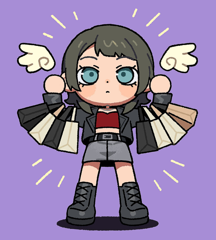 1girl bag bang_dream! bang_dream!_it&#039;s_mygo!!!!! black_boots black_hair blue_eyes blush boots closed_mouth commentary grey_skirt highres jacket medium_hair open_clothes open_jacket purple_background red_shirt shao_(shaorouhong) shirt shopping_bag simple_background skirt solo standing symbol-only_commentary yahata_umiri