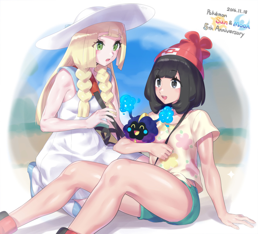 2girls :d anniversary arm_support bare_arms beanie black_hair blonde_hair blue_footwear blunt_bangs braid collared_dress commentary_request copyright_name cosmog creatures_(company) dress floral_print game_freak gen_7_pokemon green_eyes green_shorts hat highres holding holding_pokemon kneehighs legendary_pokemon lillie_(pokemon) long_hair medium_hair mizuumi_(bb) multiple_girls nintendo open_mouth pokemon pokemon_(creature) pokemon_sm red_headwear selene_(pokemon) shiny_skin shirt shoes short_sleeves shorts sitting sleeveless sleeveless_dress smile socks sun_hat sundress teeth tongue twin_braids upper_teeth_only white_dress white_headwear white_legwear yellow_shirt