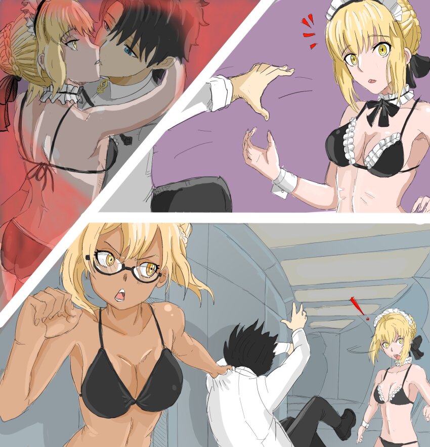 1boy 2girls arched_back arms_up artoria_pendragon_(all) artoria_pendragon_(fate) bare_shoulders bikini blonde_hair braid breasts clothes_pull collarbone fate/grand_order fate/stay_night fate_(series) glasses highres jealous kiss maid maid_bikini maid_headdress medium_breasts multiple_girls narrow_waist pulling saber_alter saberalter_says sidelocks surprised swimsuit unconventional_maid yellow_eyes