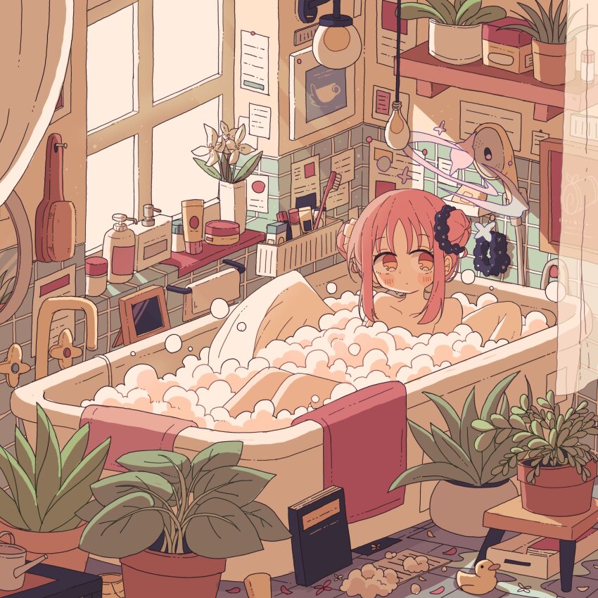 1girl akashia_(akasia313) bar_soap bath bathing bathtub blue_archive blue_halo blush book claw_foot_bathtub double_bun faucet feathered_wings flower gradient_halo hair_brush hair_bun hair_ornament hair_scrunchie halo highres light_bulb looking_to_the_side makeup mika_(blue_archive) mirror multicolored_halo pink_hair pink_halo plant potted_plant raised_eyebrows rubber_duck scrunchie shower_head soap_bottle soap_bubbles soap_dispenser solo tea_party_(blue_archive) toothbrush towel white_flower window wings yellow_eyes