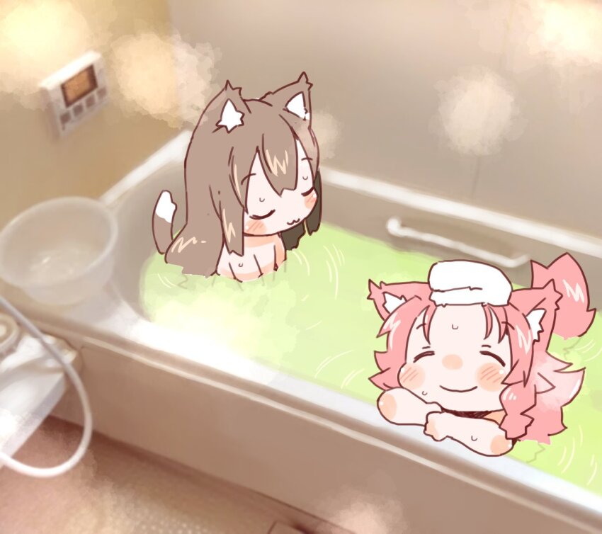 2girls :3 animal_ears bath bathing bathtub blush brown_hair cat_ears cat_girl cat_tail child closed_eyes commentary_request flat_chest happy long_hair multiple_girls nomeoil original partially_submerged photo_background pink_hair smile steam tail towel towel_on_head washbowl water wet