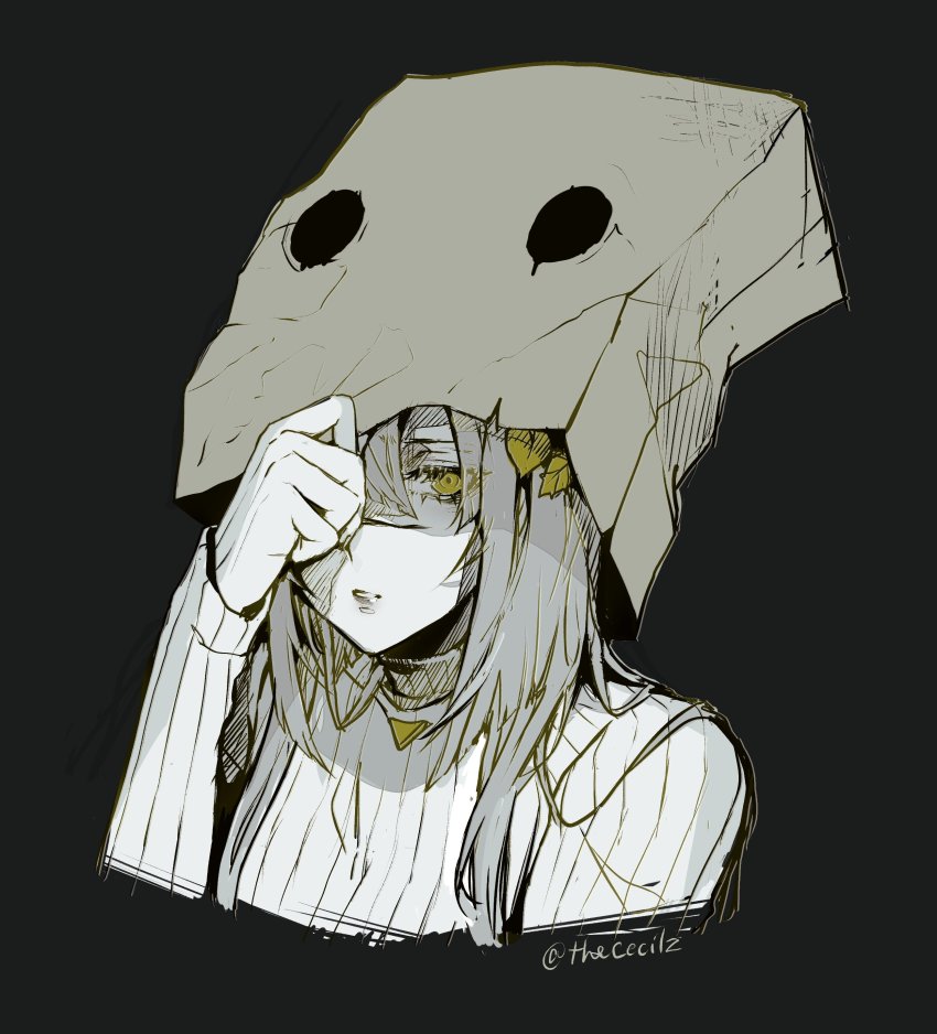 1girl absurdres android artist_name bag black_background commentary english_commentary grey_hair grey_sweater hair_between_eyes hair_ornament highres indie_virtual_youtuber leaf_hair_ornament little_nightmares_ii looking_at_viewer looking_to_the_side metal_skin mono_(little_nightmares) one_eye_covered paper_bag parted_lips ribbed_sweater science_fiction simple_background solo sweater the_cecile the_cecile_(vtuber) virtual_youtuber yellow_eyes