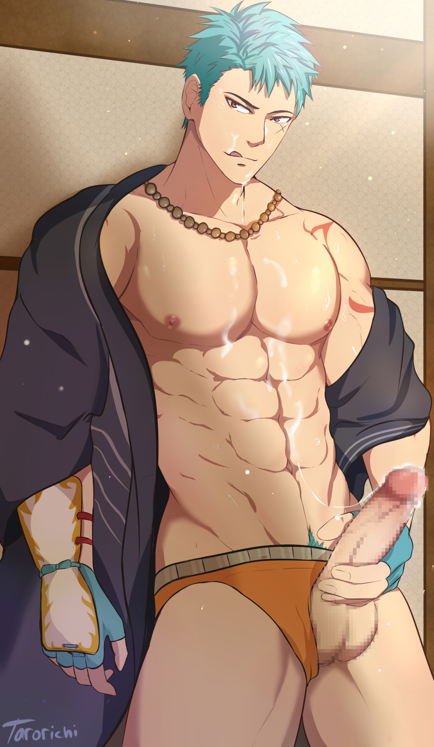 10s 1boy abs absurdres bara cum erection hand_on_penis highres male_focus penis penis_grab solo tarorichi tattoo touken_ranbu yamabushi_kunihiro