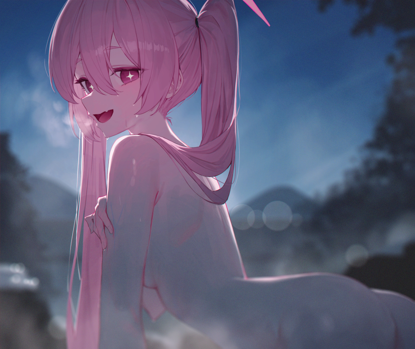 1girl absurdres ass blue_archive blurry blurry_background blush breasts completely_nude highres huhi_(huhi_1211) koyuki_(blue_archive) leaning_forward long_hair looking_at_viewer looking_to_the_side nude onsen outdoors pink_eyes pink_hair sideboob small_breasts smile solo sparkling_eyes steam twintails very_long_hair